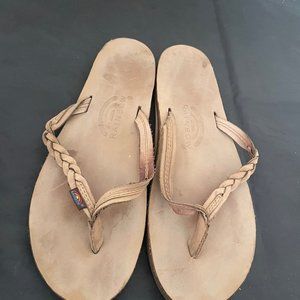 Rainbow Women's Beige Leather Flirty Braided Flip Flop Sandals Size US 7.5